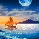 Sailing Ship in Moonlight Sea