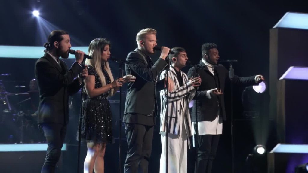 Pentatonix, cover, Beegees, voice, beatbox, amazing, grammy, memory,