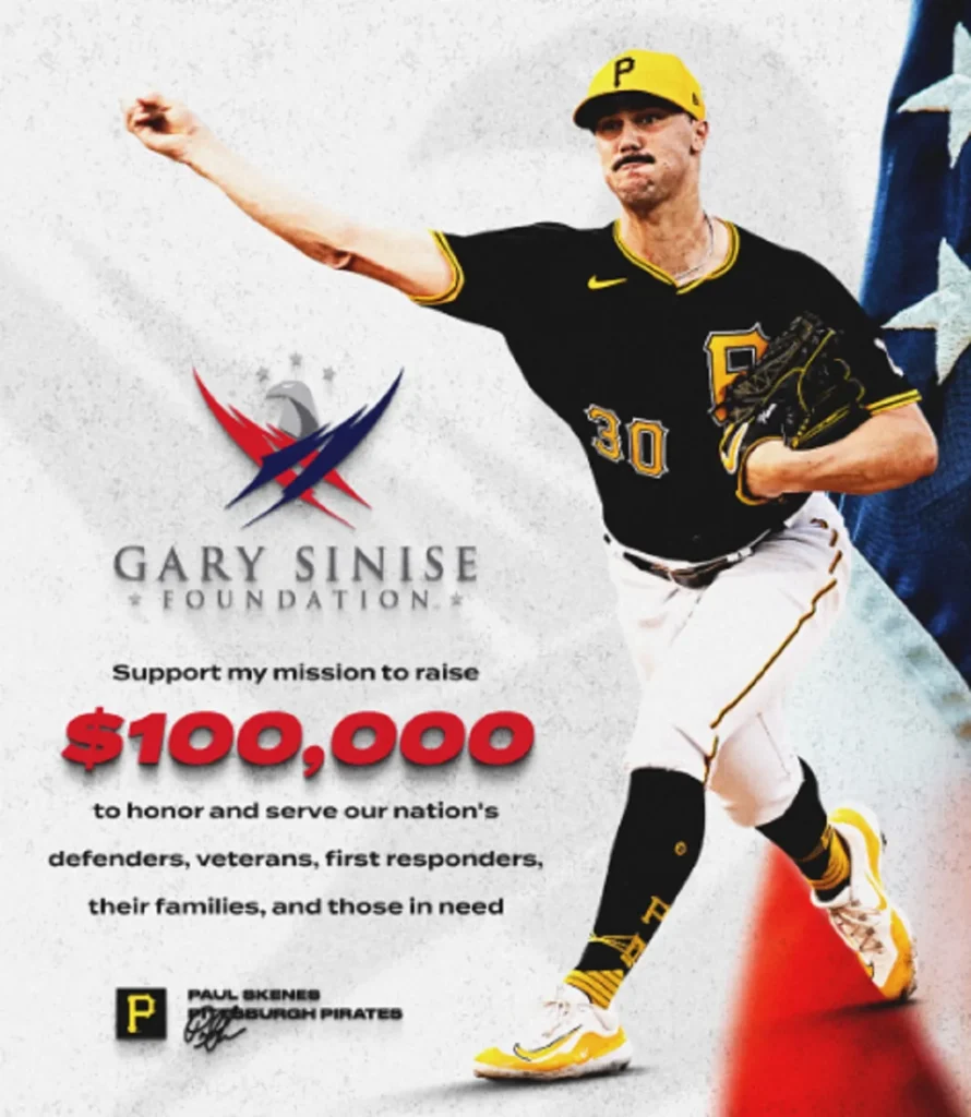 paul skenes, strikeouts for charity baseball, mlb player donates to veterans, gary sinise foundation donation, support veterans through baseball, college baseball star gives back, pittsburgh pirates pitcher charity, how to donate to veterans as a baseball fan, young athlete makes a difference, philanthropy in major league baseball, inspirational stories of baseball players