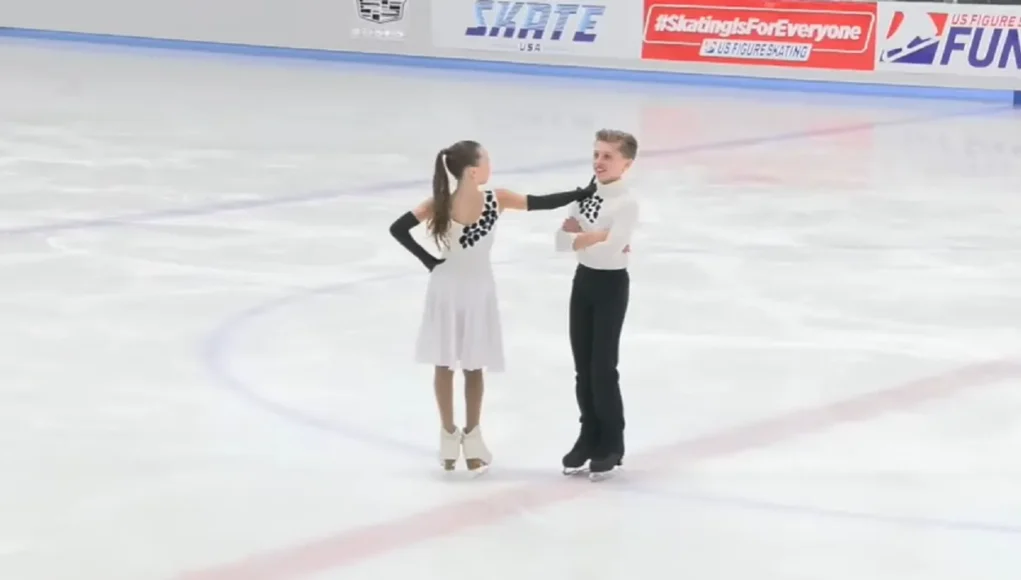 Ice Dancing Nationals 2024, Nicholas and Sophia Kartashov, Cruella De Vil ice dance, Cranford dance center skaters, Whitney Avalon Disney Parody, Young ice dancing prodigies, Storytelling on ice, Viral ice skating performances, Twins ice dancing routine, Future of ice dancing