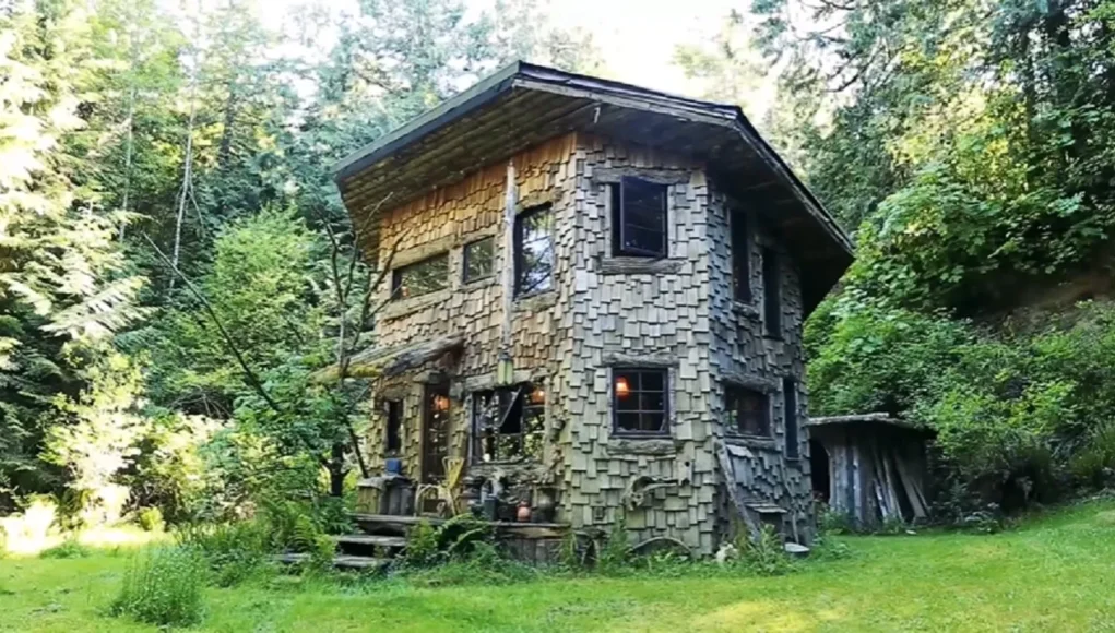 hexagon cabin Olympia, sustainable woodland retreat, tiny house design ideas, organic material cabin, eco-friendly tiny home, off-grid living cabins, enchanted woodland cabin, reclaimed wood construction, living roof tiny house, nature-inspired tiny house