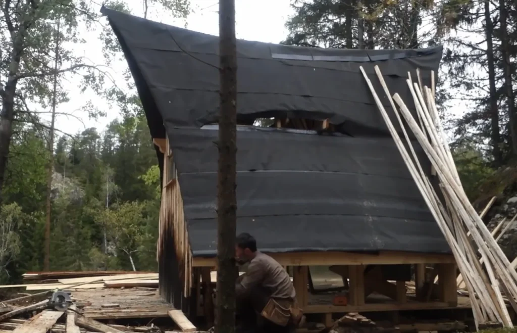 cabin building, wilderness retreat, local wood, off-grid living, sustainable cabin, self-sufficiency, DIY cabin construction, wood siding, cabin foundation